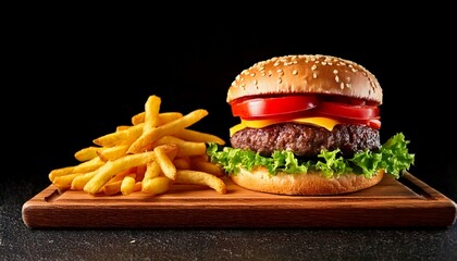 Burger and fries are served on a wooden board against black background