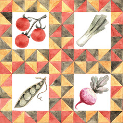 Watercolor patchwork pattern with vegetables. Seamless quilt blocks with tomato, pea, radish, leek. Rustic farm design.
