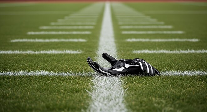 Lone Football Glove on Field Symbolizing Loss or Concussion Injury During Game Season on Green Background and White Lines Outdoors