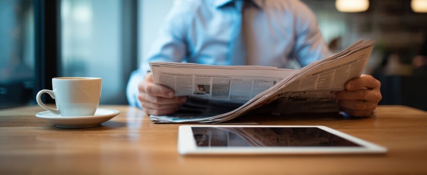 The man reading a newspaper with coffee and tablet on wooden table.