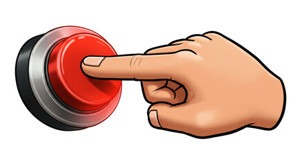 A cartoon hand pressing a large red button with a silver rim against a black background image scene