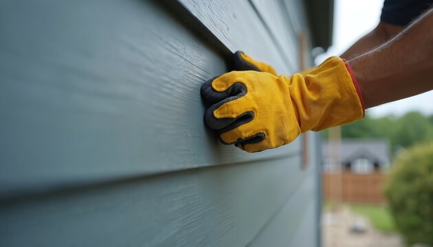 Construction worker installs exterior siding on new house. Hands wearing work gloves press wooden panel. Man uses tools to secure material. Focus on details, precision. Home renovation, building.