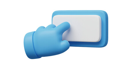 A blue cartoon hand pressing a white button on a blue frame against a black background render design
