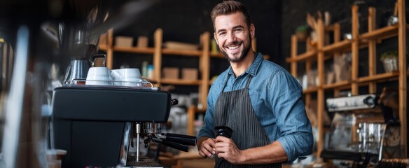 Fototapeta premium The cheerful barista preparing coffee in a cozy café setting.