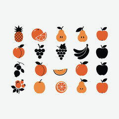 Explore fruit icon grid in bold minimalist style. Includes pineapple, pear, apple, peach, grapes & more. Clean shapes and vibrant colors in modern vector design.
