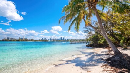 beach with a bright blue sky and Australia city landscape in a background

