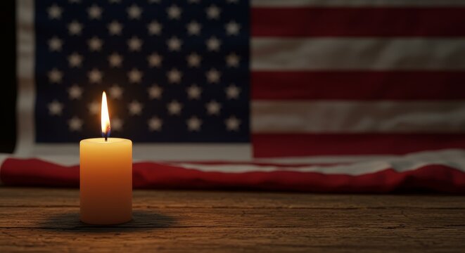 Illuminated Remembrance - A single candle burns brightly, its flame casting a warm glow against the softly draped folds of an American flag. A poignant of remembrance and reflection
