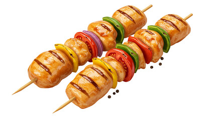 Two skewers of grilled chicken and vegetables on a black background in a studio shot