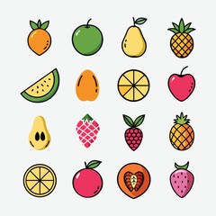 Explore fruit icon grid in bold minimalist style. Includes pineapple, pear, apple, peach, grapes & more. Clean shapes and vibrant colors in modern vector design.