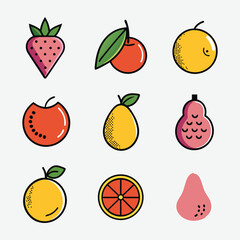 Explore fruit icon grid in bold minimalist style. Includes pineapple, pear, apple, peach, grapes & more. Clean shapes and vibrant colors in modern vector design.