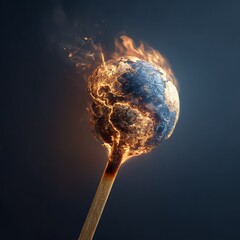 Vector illustration of the Earth globe in a shape of a lit match. Concept illustration representing global warming, wars, terrorism, wildfires and record temperatures. Climate change icon.