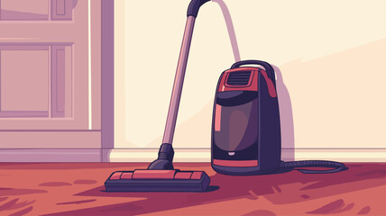 A stylized illustration depicting a red and black upright vacuum cleaner standing on a carpeted floor near a baseboard. The vacuum cleaner is shown with its hose extended and the floor brush head