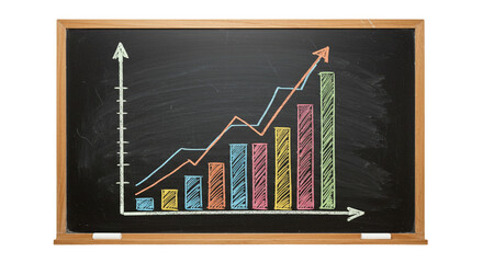 Chalkboard with colorful bar graph and line graph showing upward trend and positive growth chart