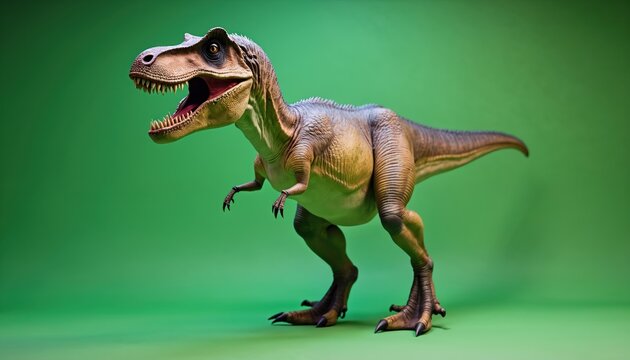 Dynamic Tyrannosaurus Rex in action against vibrant green background. Prehistoric predator creature, powerful carnivore with sharp teeth roaring. Digital 3D rendering illustration for science, - Powered by Adobe