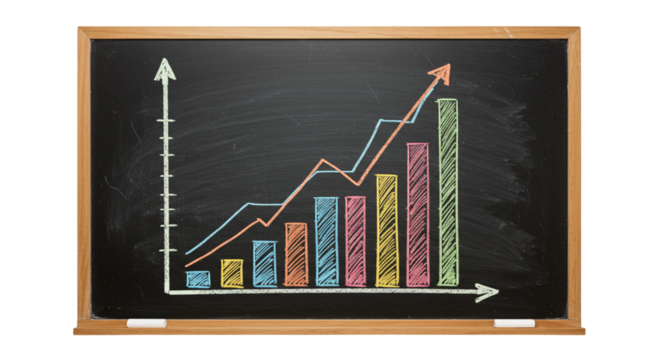 Chalkboard with colorful bar graph and line graph showing upward trend and positive growth chart