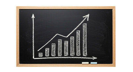 A chalkboard with a white chalk drawing of an upward trending line graph and bar chart on it