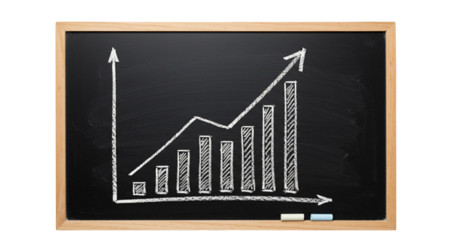 A chalkboard with a white chalk drawing of an upward trending line graph and bar chart on it