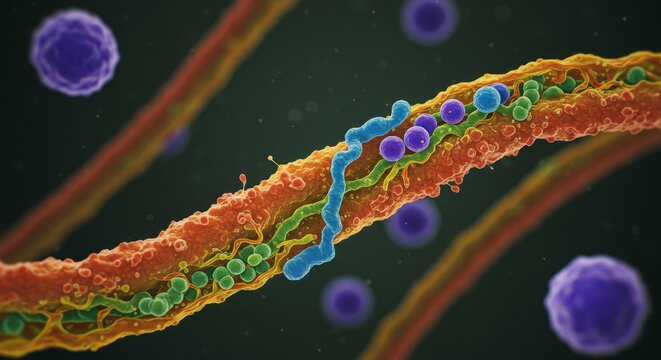 Microscopic Cellular Highway: Energy and Data Transfer - Cellular communication, energy transport, microscopic world, biological processes, vibrant microscopic structures