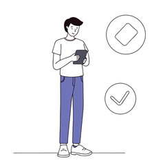 Linear style drawing shows an ethnic man with tablet completing tasks efficiently