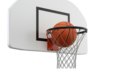Orange basketball going through the net attached to a white backboard on a black background