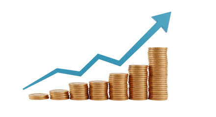 Gold coin stacks with blue arrow showing upward trend on a black background indicating growth increase