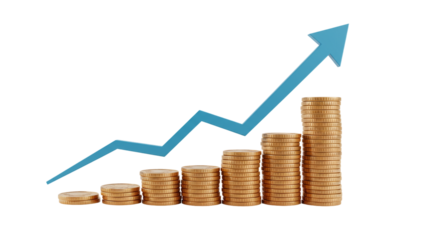 Gold coin stacks with blue arrow showing upward trend on a black background indicating growth increase