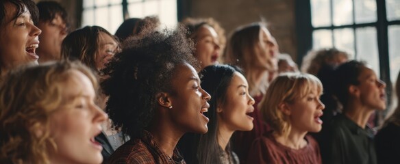 The choir of passionate women singing joyfully in harmony together.