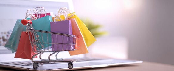 Naklejka na ściany i meble The shopping cart filled with colorful bags on a digital laptop background.
