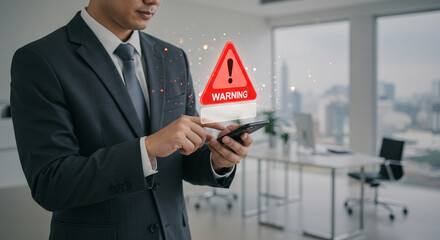 Mobile Security Warning Alert - Businessman receives a warning alert on his smartphone, emphasizing mobile security and data protection