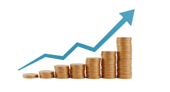 Gold coin stacks with blue arrow showing upward trend on a black background indicating growth increase
