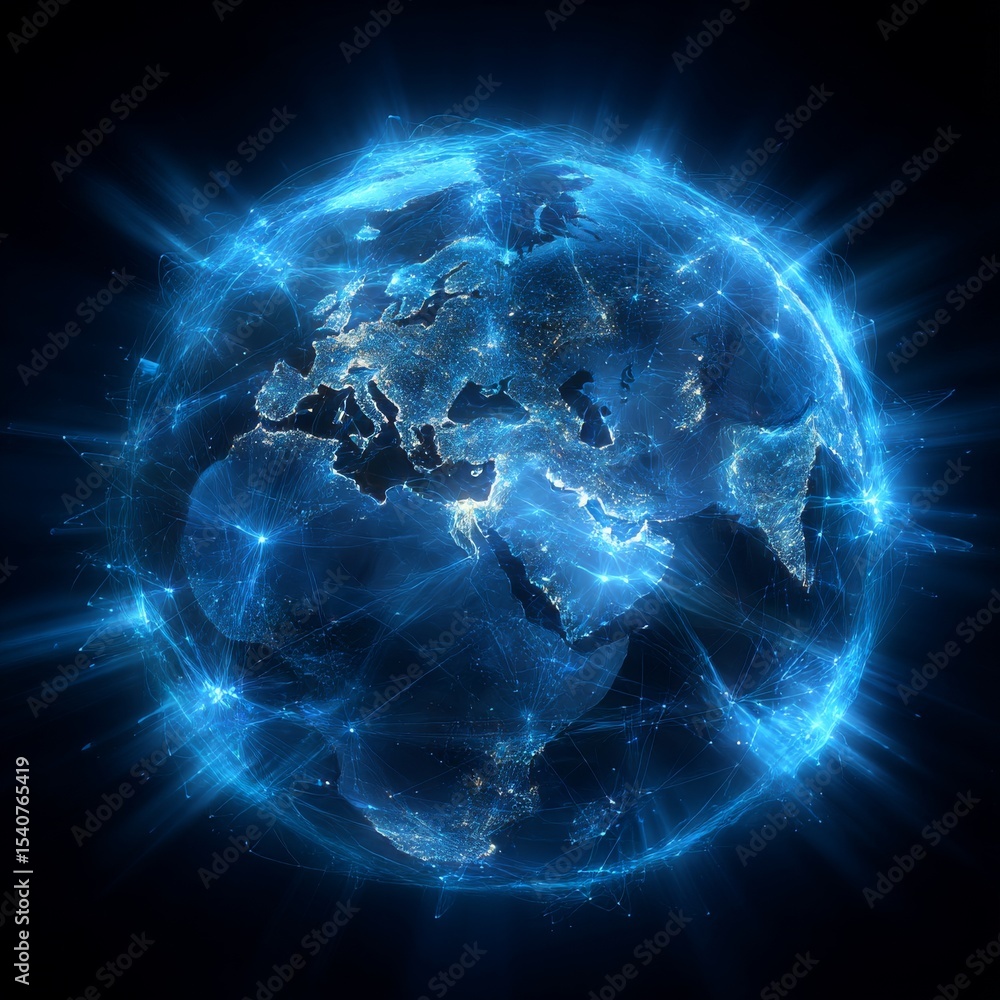 Aufkleber map of the planet. rays of energy. world map. global social network. future. vector. blue futuristic
