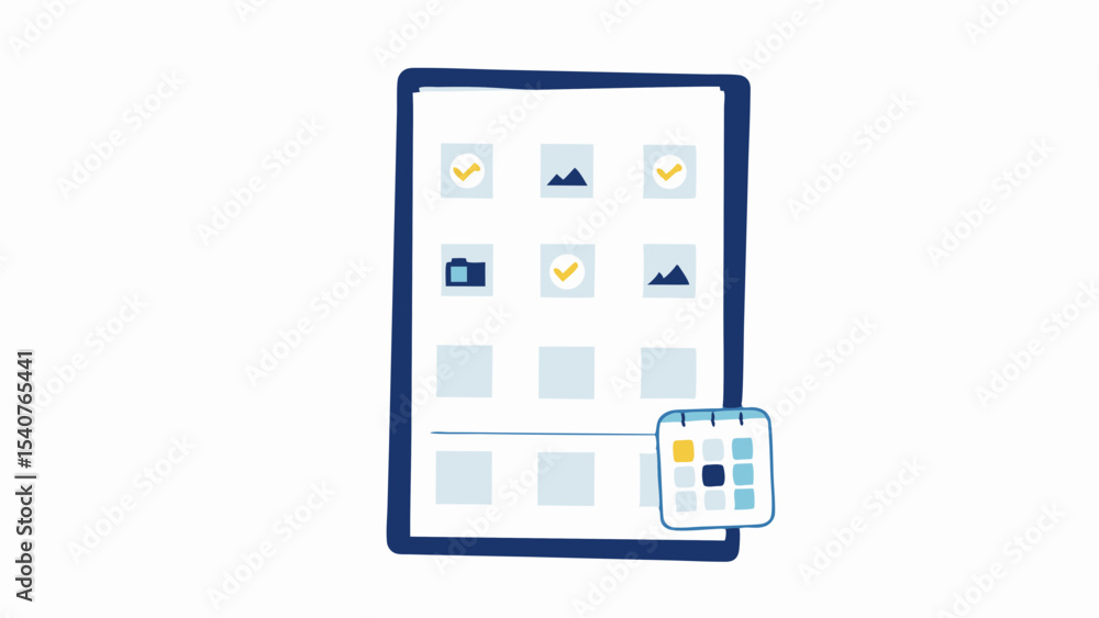 Poster tablet interface showing app icons with calendar icon overlayed on the screen display