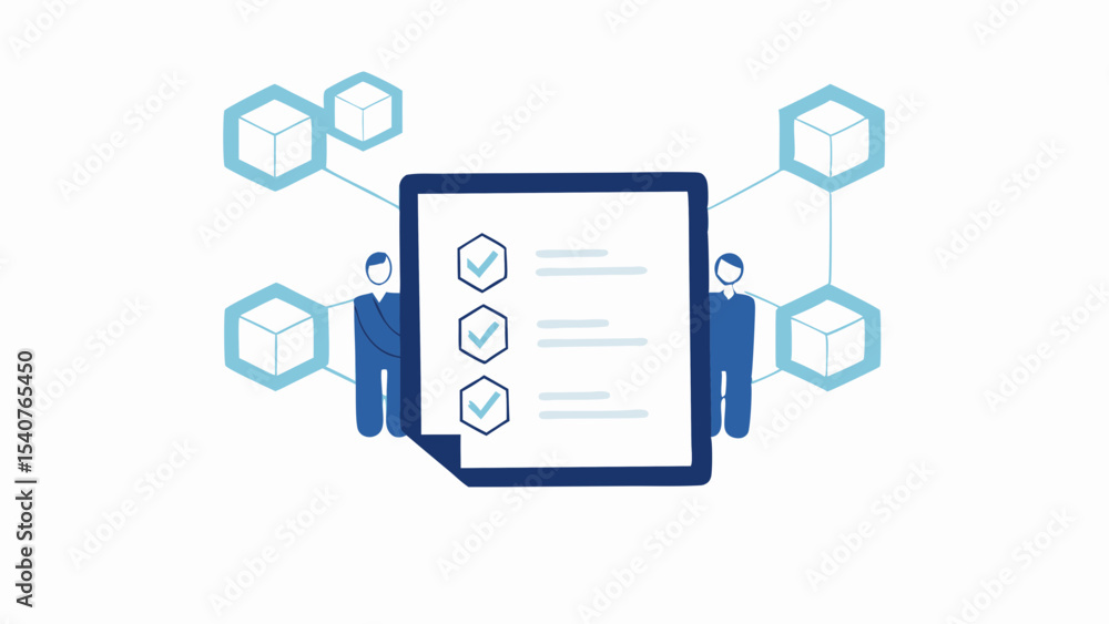 Poster illustration of a checklist with checkmarks connected to people and blockchain hexagons network