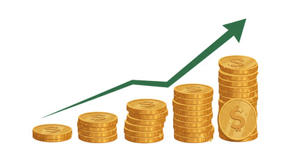 Stacks of gold coins with dollar signs and a green arrow showing upward growth on black background