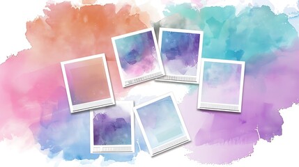 Collage of blank instant photo frames on a watercolor background.
