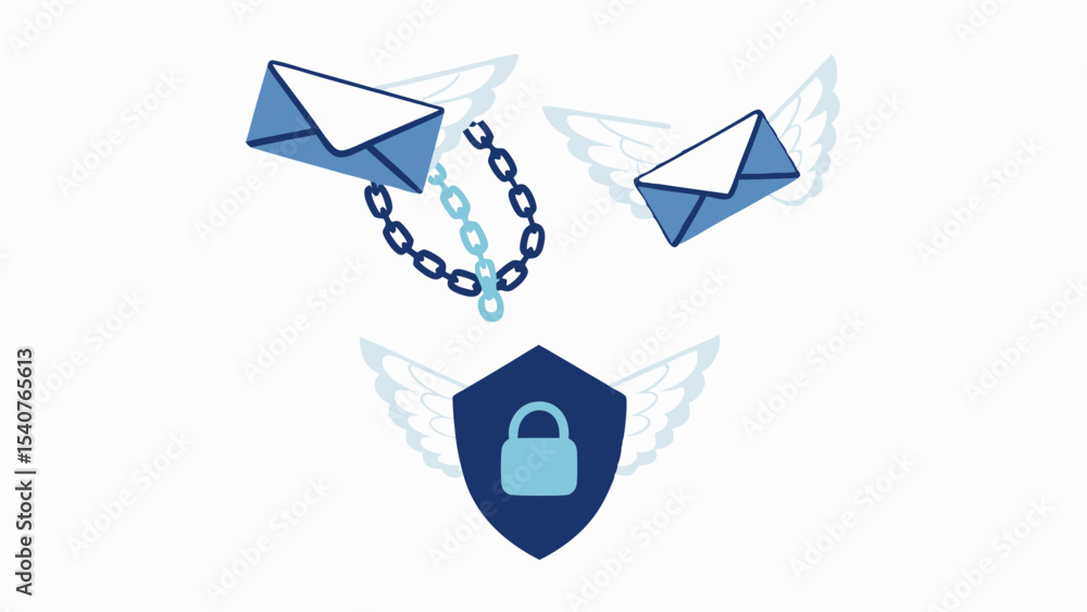 Poster illustration of flying envelopes with wings and a shield with a padlock for secure email service