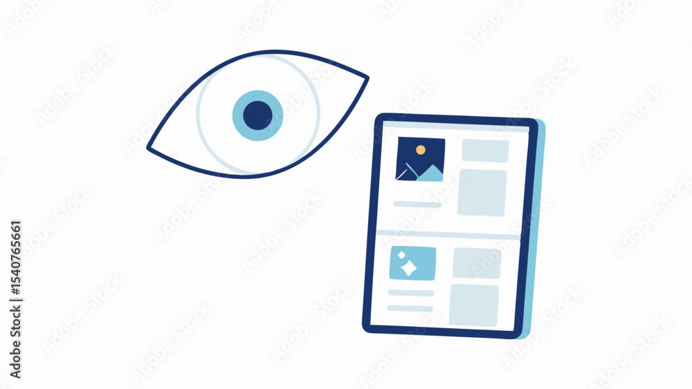 Poster illustration of an eye looking at a tablet displaying images and text on a white background