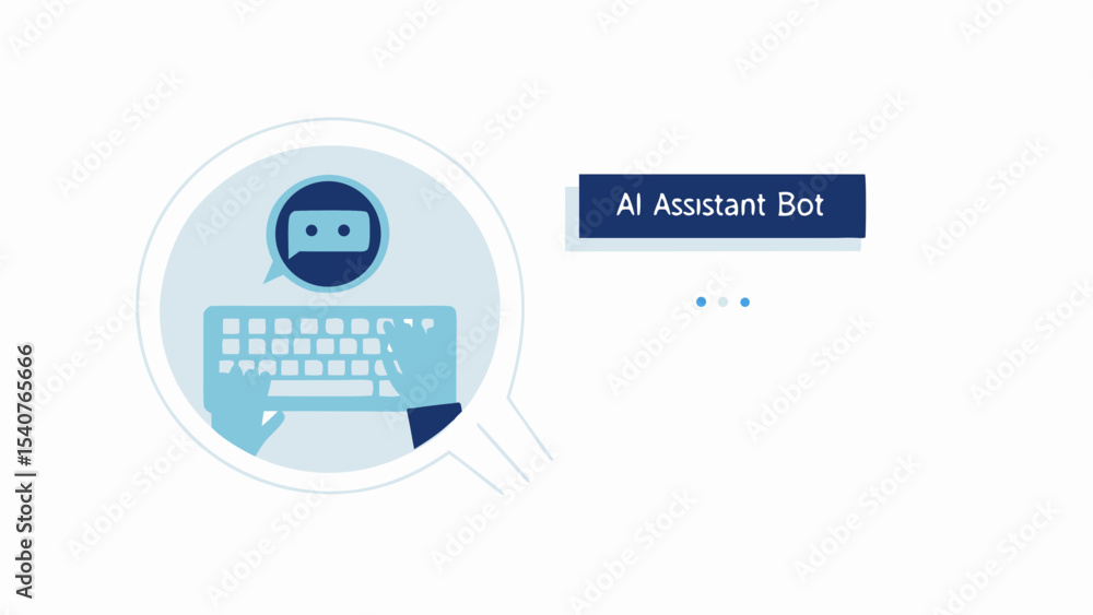 Aufkleber illustration of a virtual assistant bot with keyboard and speech bubble inside a magnifying glass