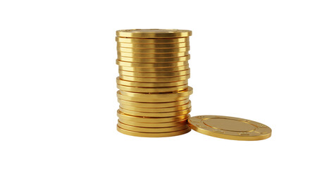 A stack of shiny golden coins on a black background with one coin laying next to the stack coins