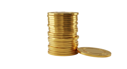A stack of shiny golden coins on a black background with one coin laying next to the stack coins