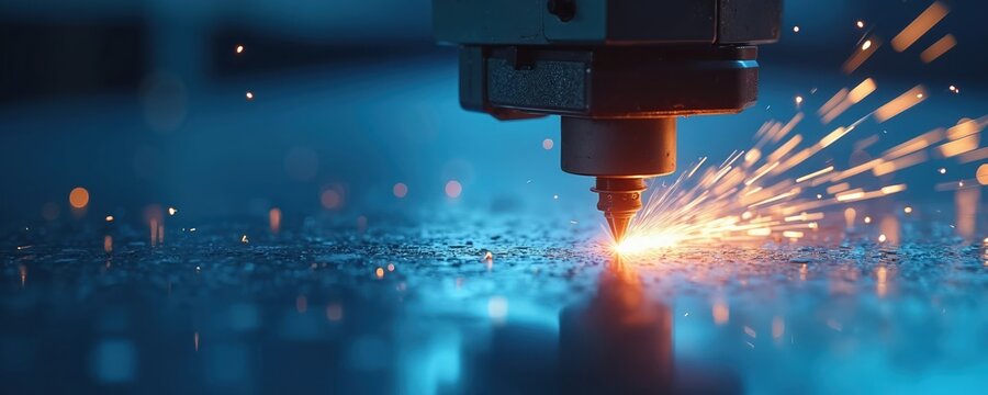 CNC laser cutting of heavy metal sheet. Modern tech industrial process with light sparks. Automated manufacturing in workshop. Engineering, construction, fabrication.
