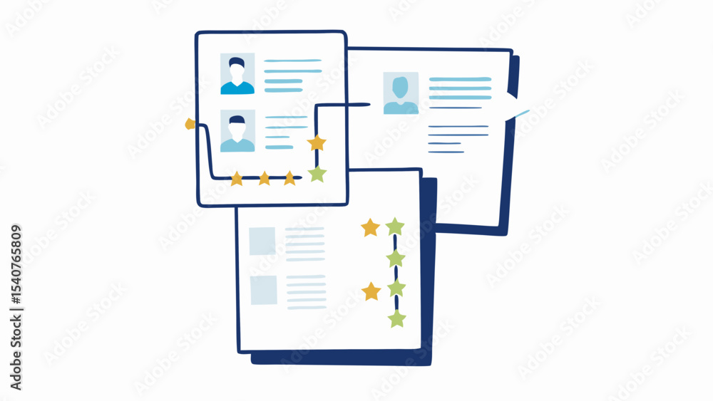 Aufkleber illustration showing candidate profiles with ratings and connecting lines between them all together