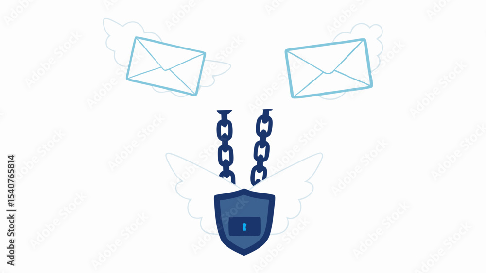 Poster secure email delivery with chained shield and winged cloud envelopes for data protection concept des