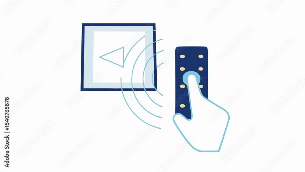 Poster illustration of a tv screen with play button and a hand using a remote control to operate it