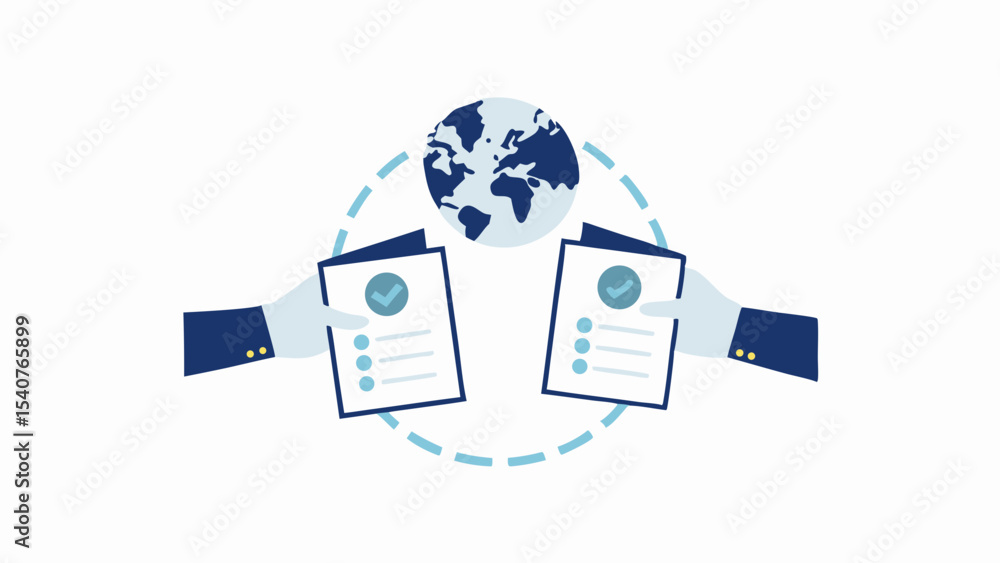 Poster global agreement with hands holding documents and a world globe in the background design element