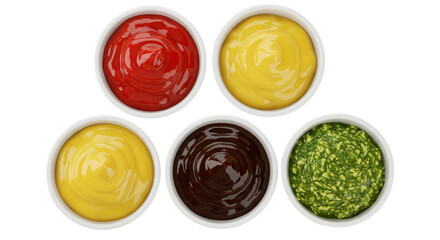 An overhead shot of five white bowls filled with assorted sauces on a black background color