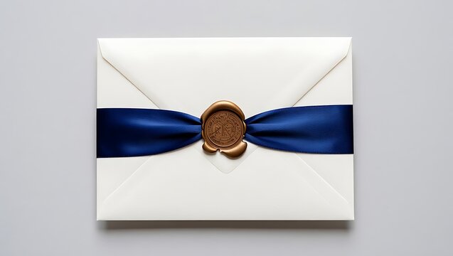 Elegant white envelope with blue ribbon and gold wax seal - Wedding invitation, luxury stationery, formal letter