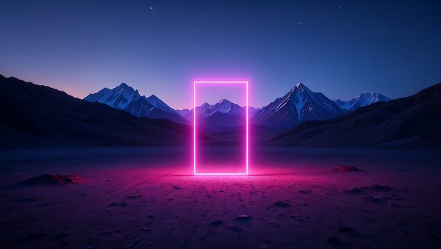 Pink neon portal in a mountain desert landscape at night | Surreal fantasy digital art with glowing gateway and stars