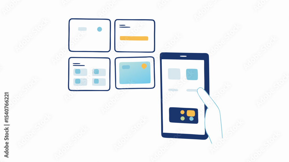 Aufkleber illustration showing a hand using a tablet with several cards displayed on the screen behind it