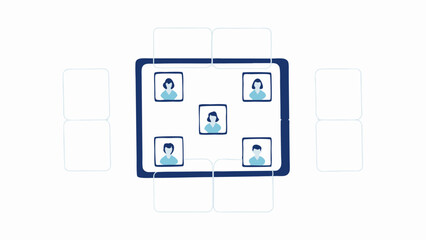 Illustration of a tablet displaying five user avatars surrounded by white square icons layout
